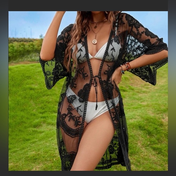Swim Black Lace Sheer Beach Cover Up Kimono Medium New Poshmark